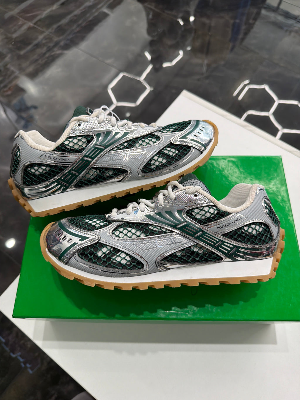Bottega Veneta silver & green orbit