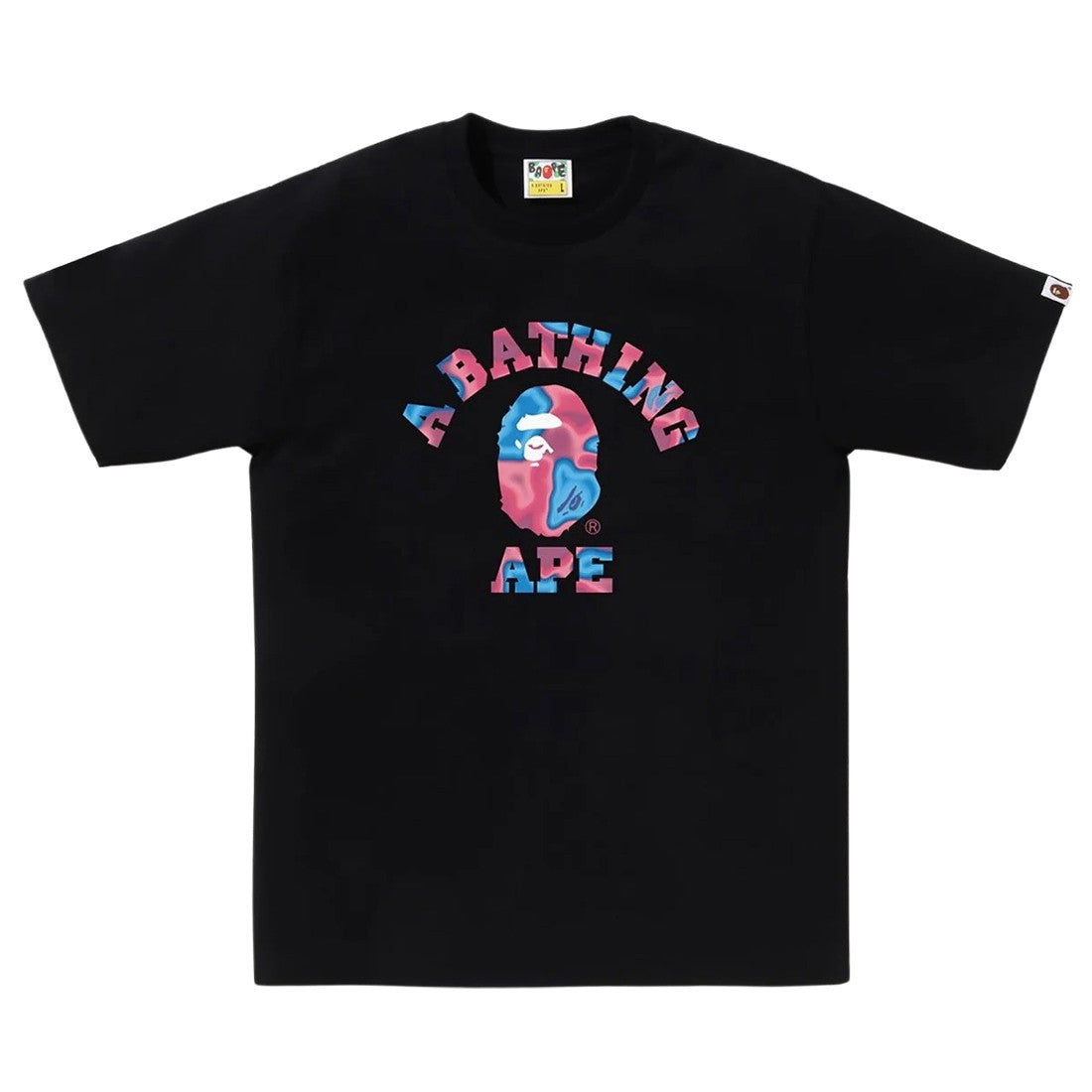 A Bathing Ape Liquid Camo College Tee in black and pink